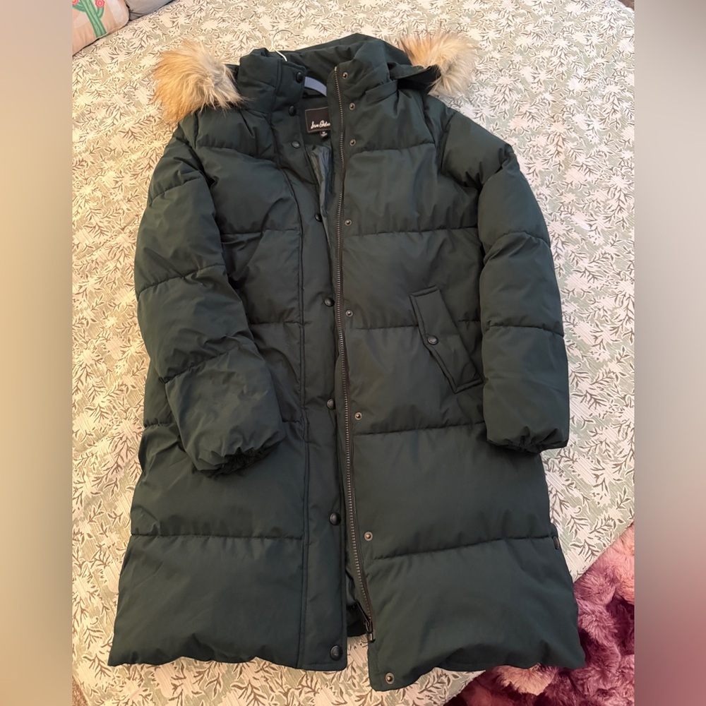 Sam Edelman Forest Green Long Puffer Coat with Faux Fur Trim Hood